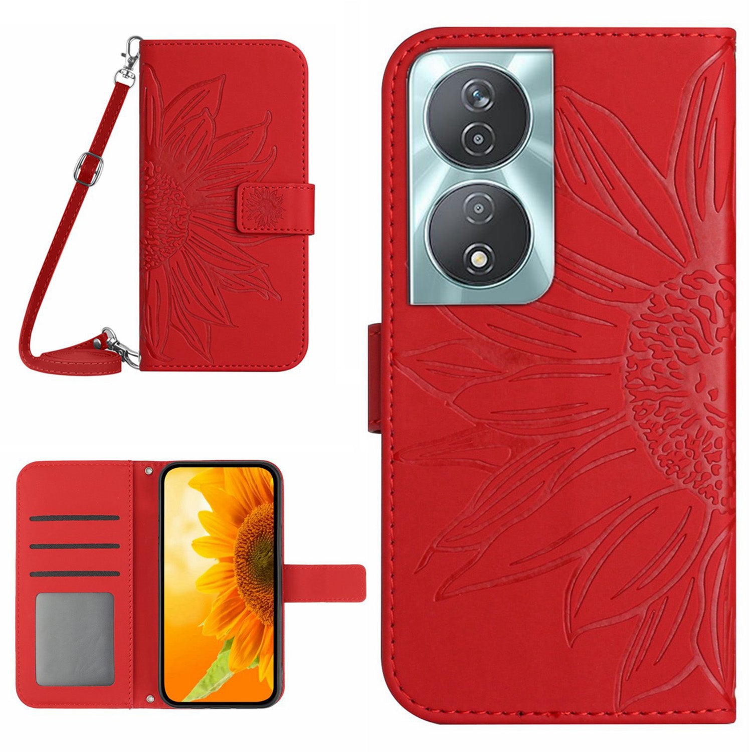HT04 For Honor 90 Smart / X7b 4G Case Sunflower Leather Phone Cover with Shoulder Strap