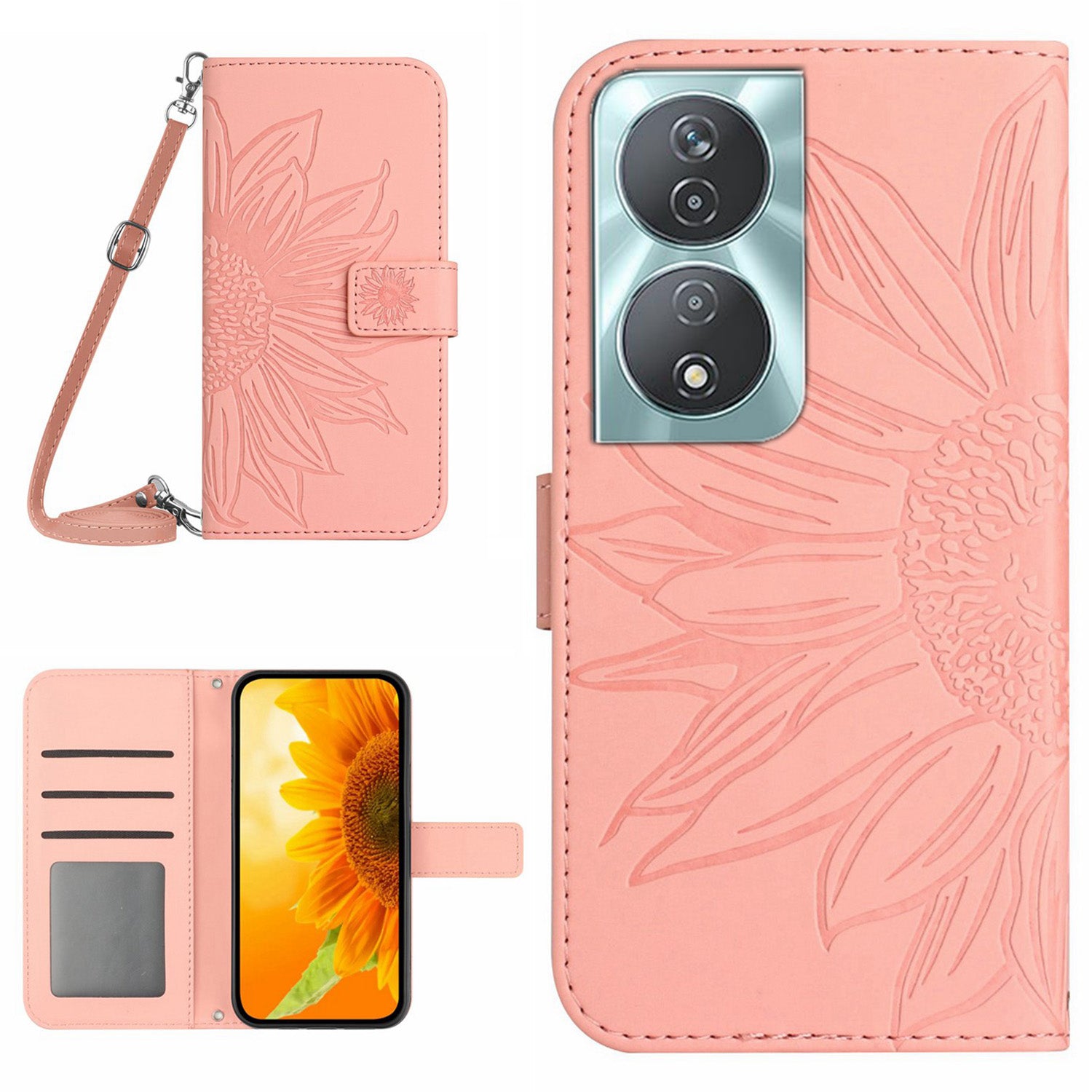HT04 For Honor 90 Smart / X7b 4G Case Sunflower Leather Phone Cover with Shoulder Strap