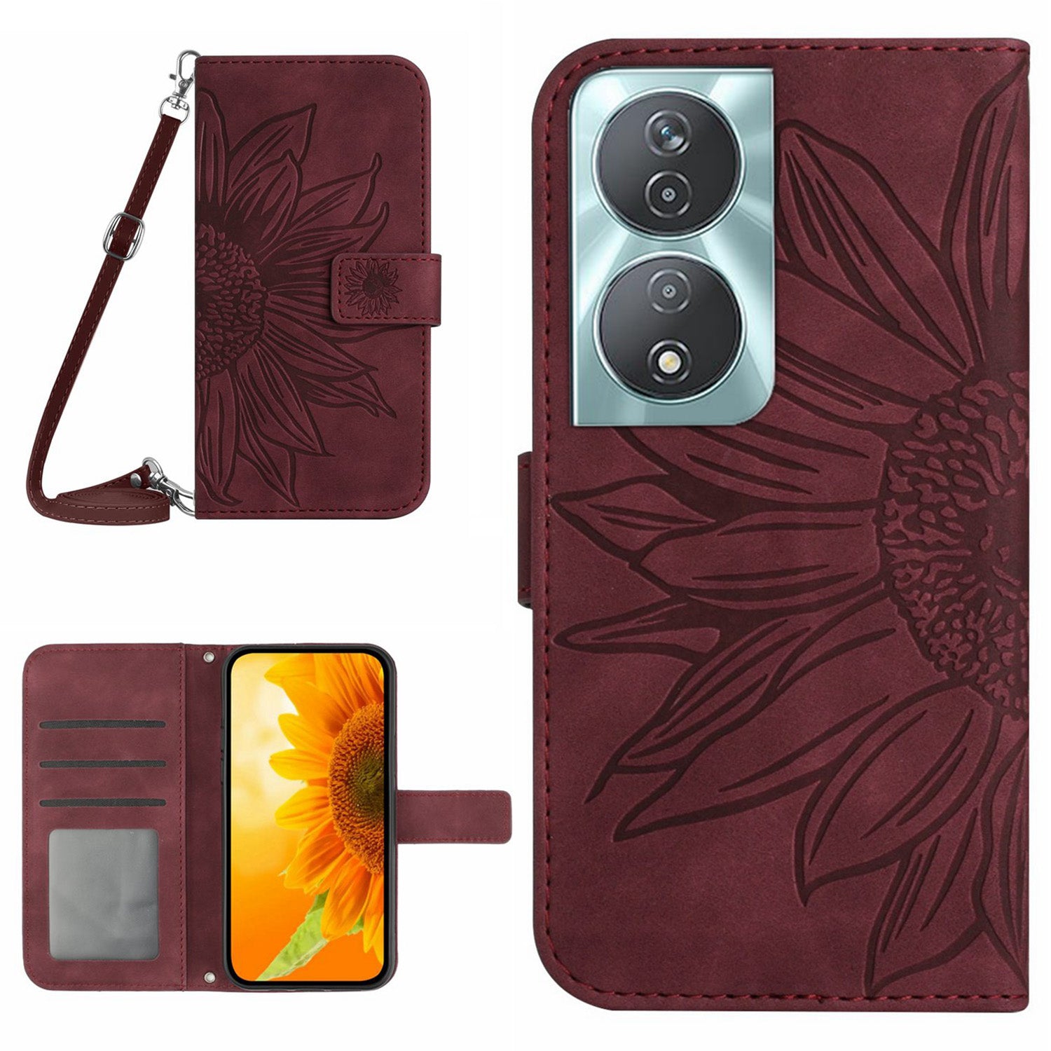 HT04 For Honor 90 Smart / X7b 4G Case Sunflower Leather Phone Cover with Shoulder Strap