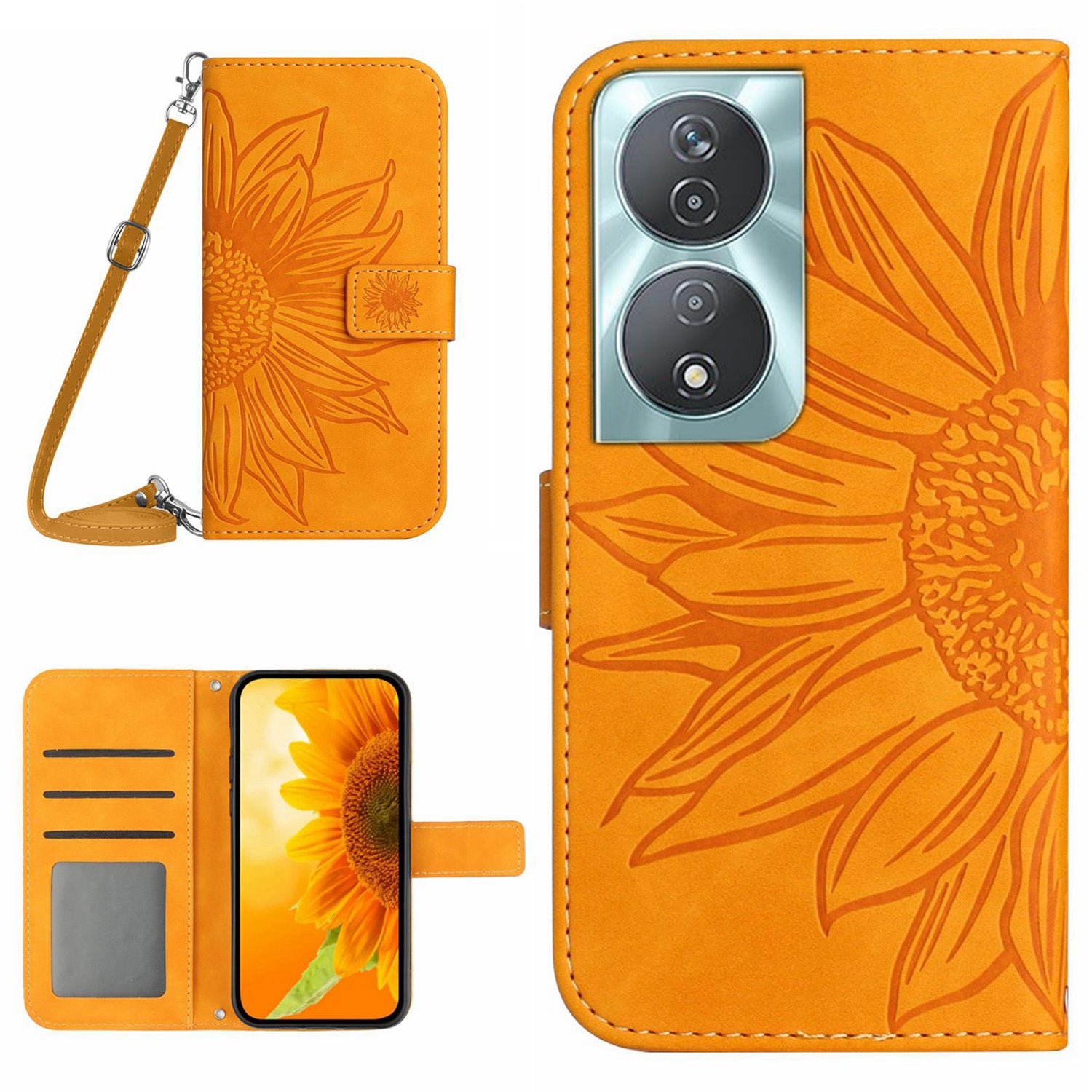 HT04 For Honor 90 Smart / X7b 4G Case Sunflower Leather Phone Cover with Shoulder Strap