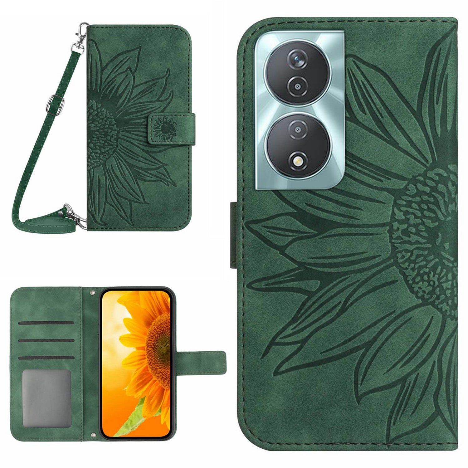 HT04 For Honor 90 Smart / X7b 4G Case Sunflower Leather Phone Cover with Shoulder Strap