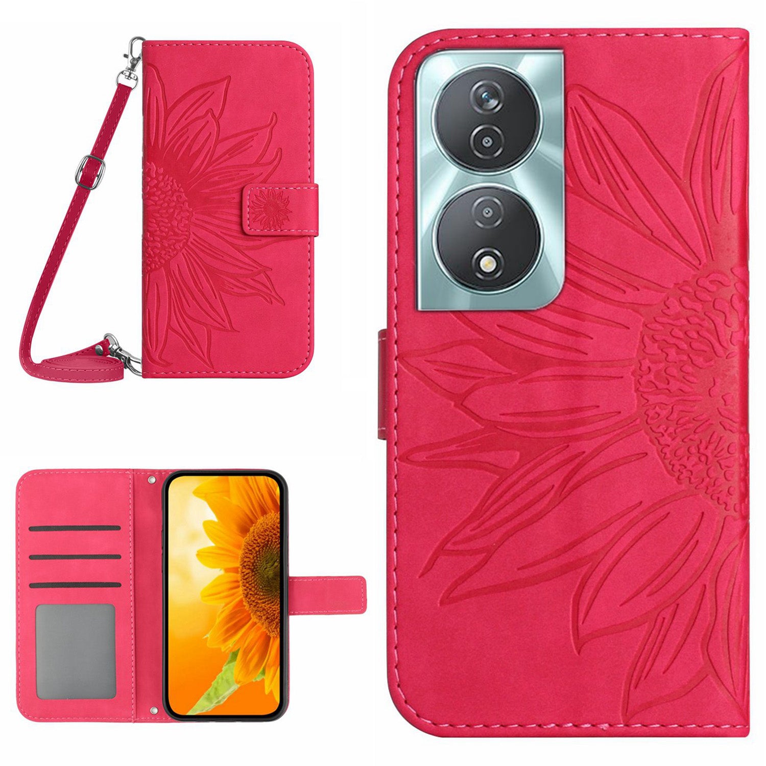 HT04 For Honor 90 Smart / X7b 4G Case Sunflower Leather Phone Cover with Shoulder Strap