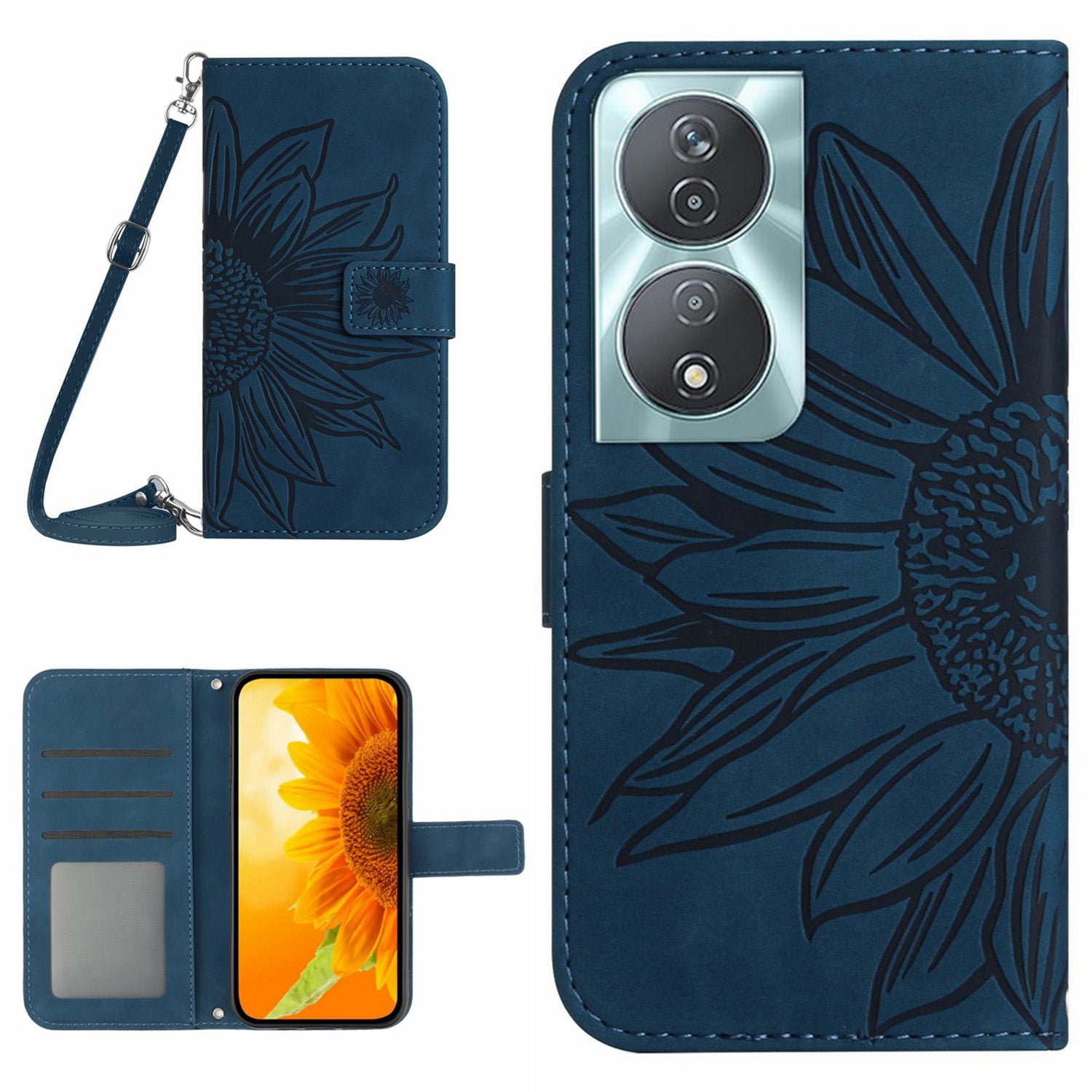 HT04 For Honor 90 Smart / X7b 4G Case Sunflower Leather Phone Cover with Shoulder Strap