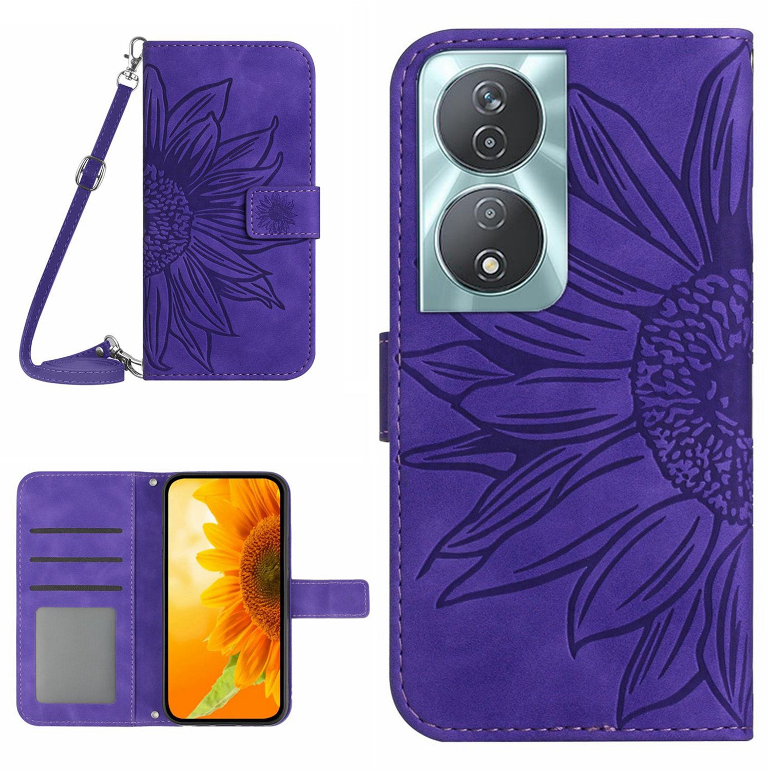 HT04 For Honor 90 Smart / X7b 4G Case Sunflower Leather Phone Cover with Shoulder Strap