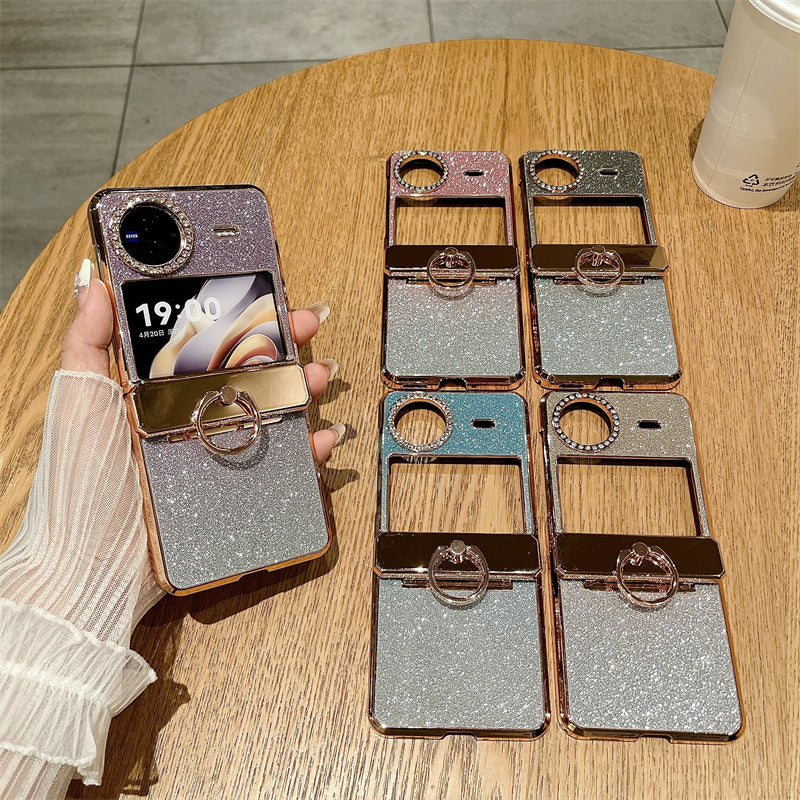 For vivo X Flip Phone Case Hinge Protection Ring Kickstand Rhinestone Hard PC Cover