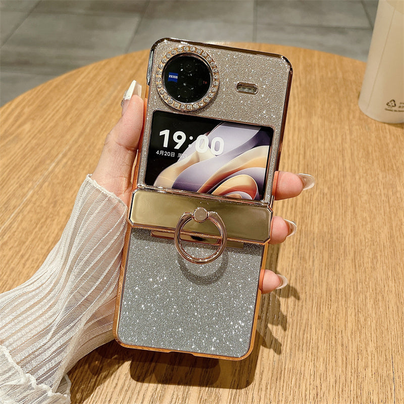 For vivo X Flip Phone Case Hinge Protection Ring Kickstand Rhinestone Hard PC Cover