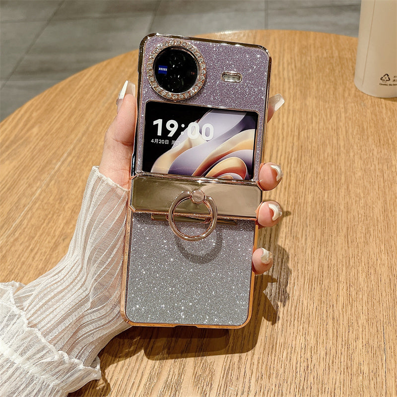 For vivo X Flip Phone Case Hinge Protection Ring Kickstand Rhinestone Hard PC Cover