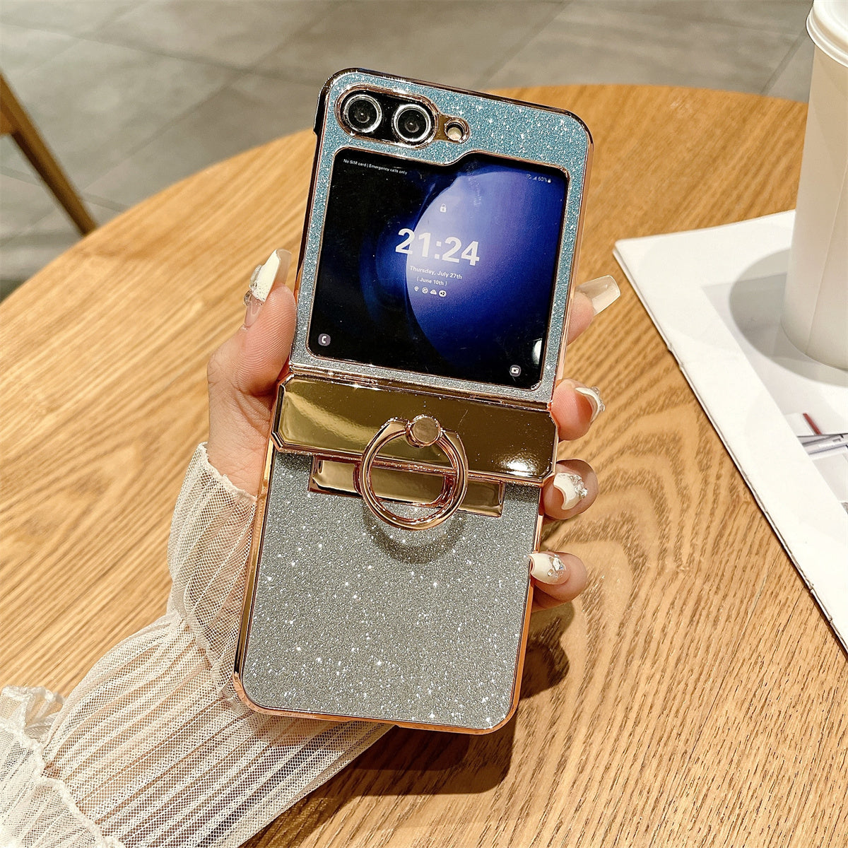 For Samsung Galaxy Z Flip5 5G / Z Flip6 5G Glitter Design Hard PC Phone Cover with Ring Kickstand