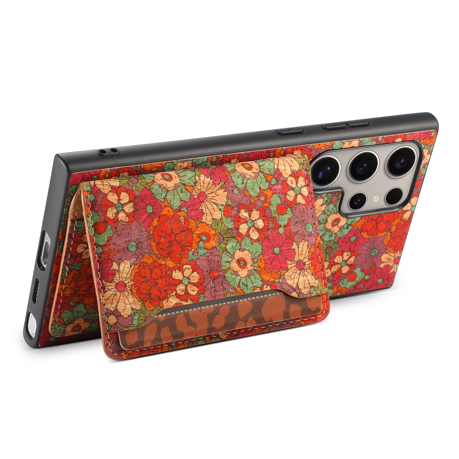 For Samsung Galaxy S24 Ultra Case Card Holder PU+TPU+PC Phone Shell with Floral Pattern