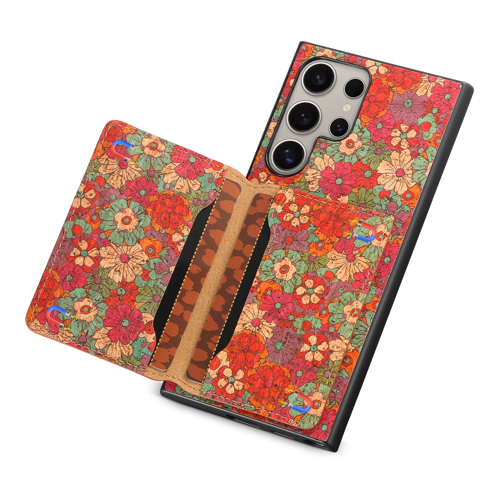 For Samsung Galaxy S24 Ultra Case Card Holder PU+TPU+PC Phone Shell with Floral Pattern