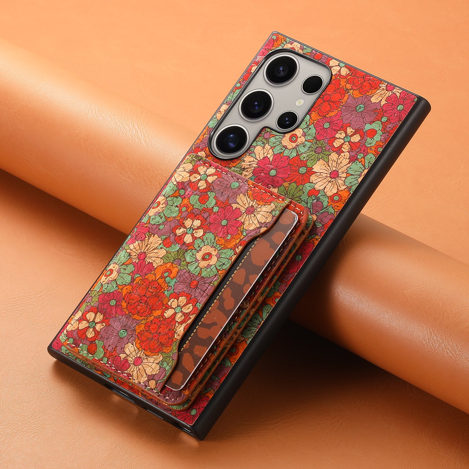 For Samsung Galaxy S24 Ultra Case Card Holder PU+TPU+PC Phone Shell with Floral Pattern