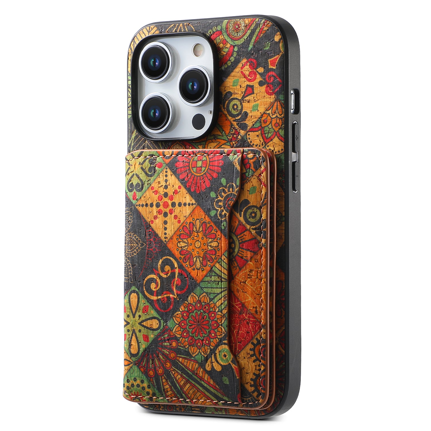 For iPhone 15 Pro Kickstand Case Card Holder PU+TPU+PC Phone Cover with Floral Pattern