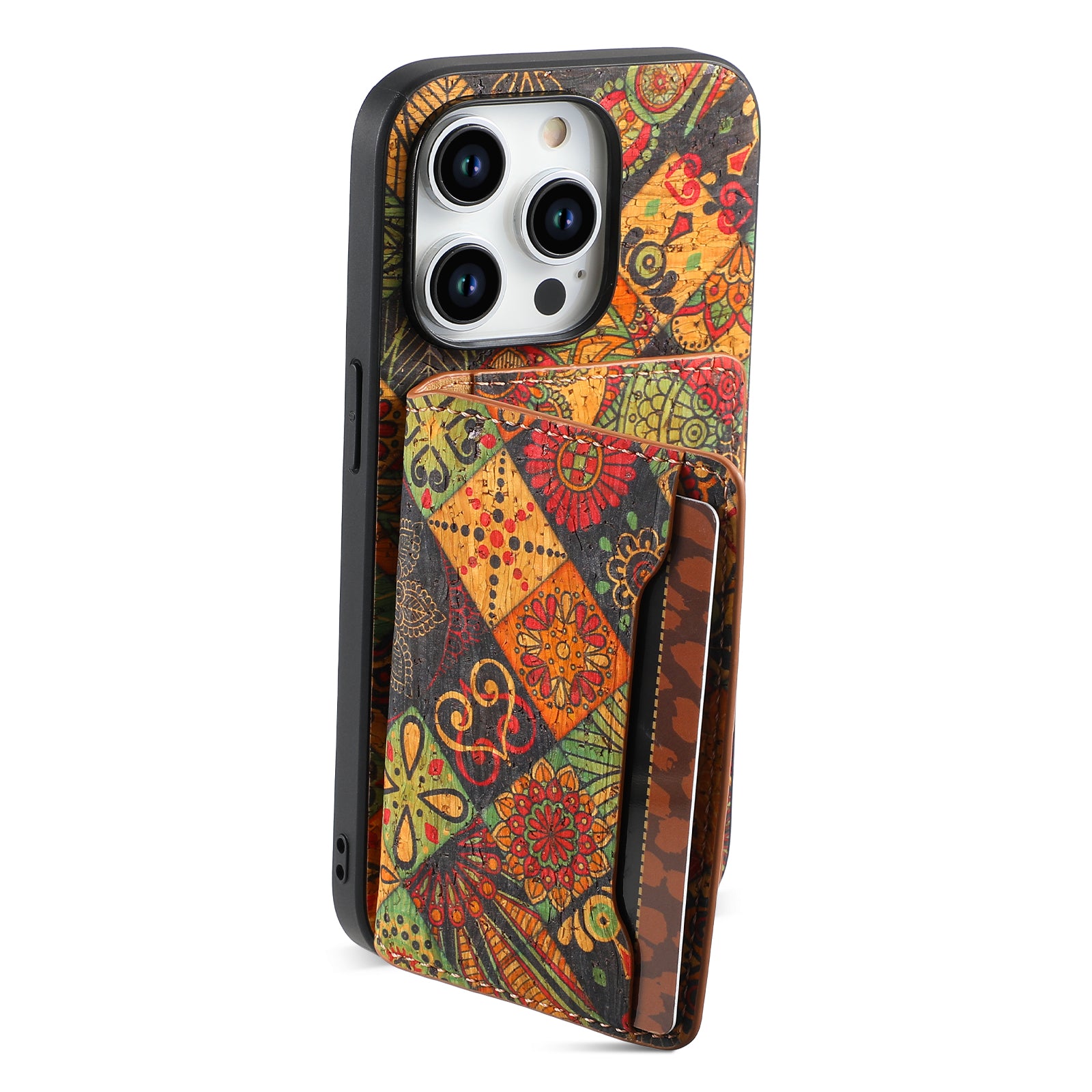 For iPhone 15 Pro Kickstand Case Card Holder PU+TPU+PC Phone Cover with Floral Pattern