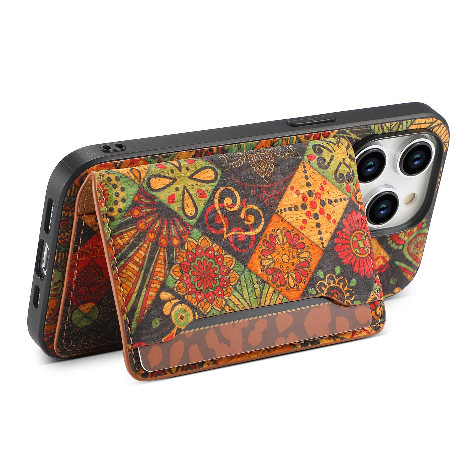 For iPhone 15 Pro Kickstand Case Card Holder PU+TPU+PC Phone Cover with Floral Pattern