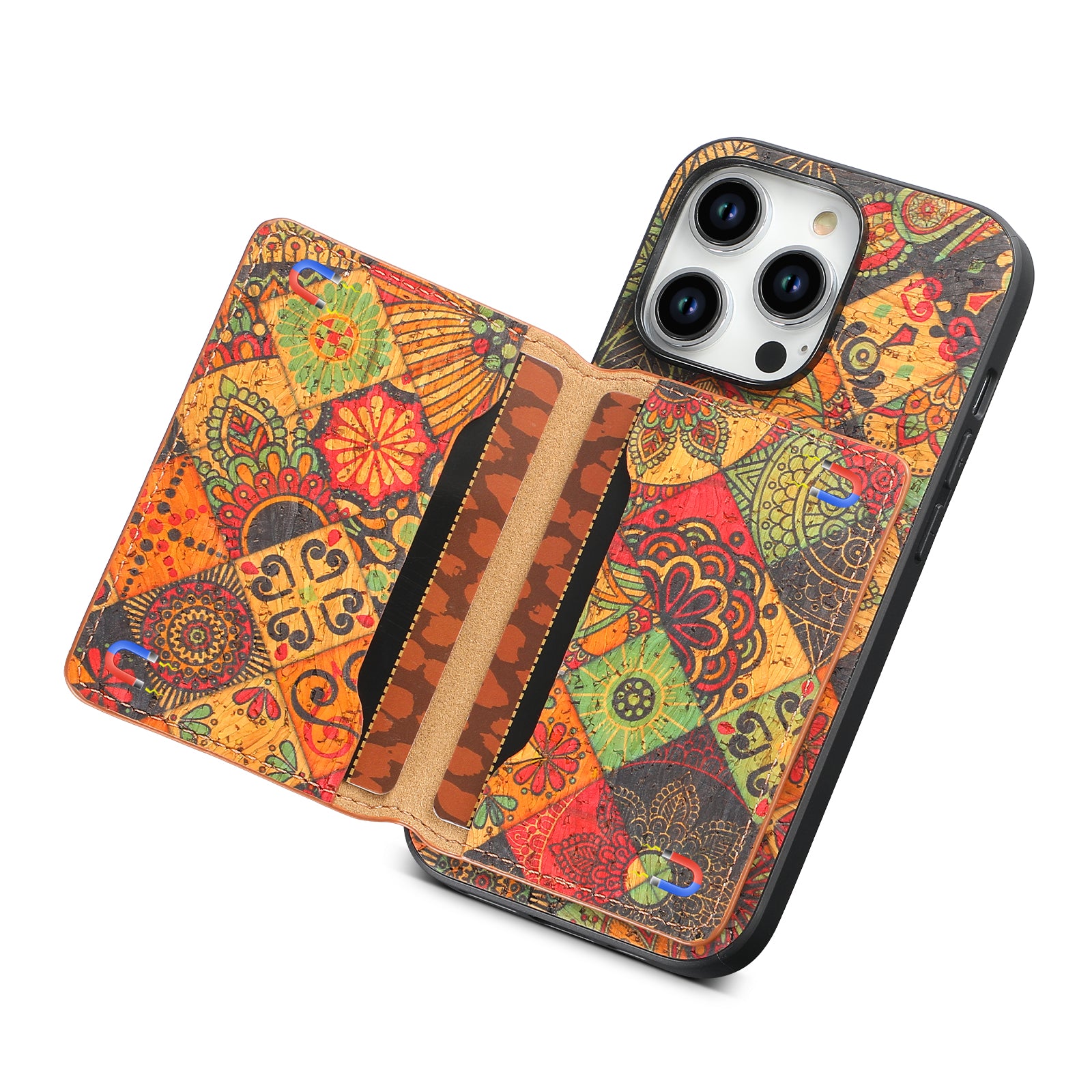 For iPhone 15 Pro Kickstand Case Card Holder PU+TPU+PC Phone Cover with Floral Pattern