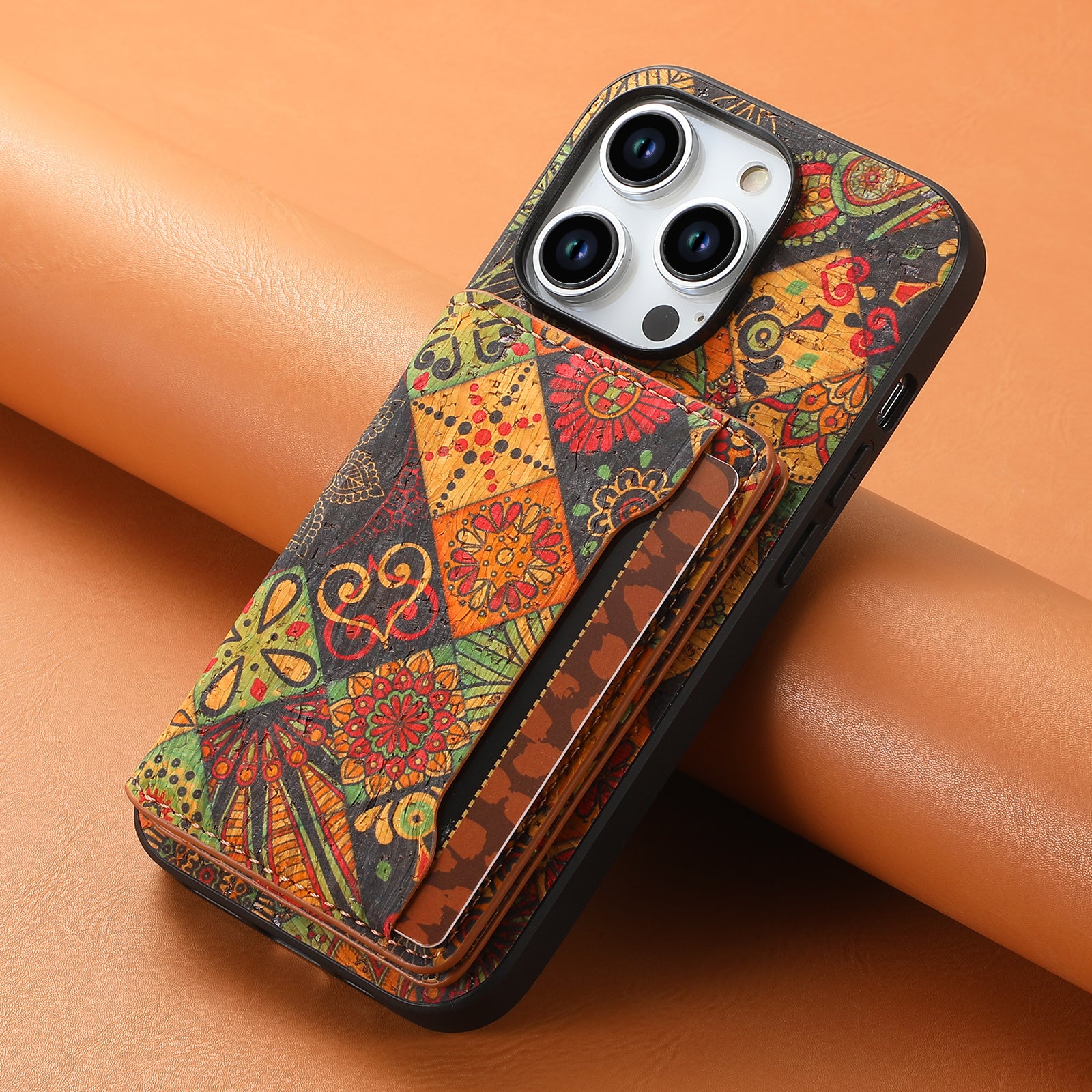 For iPhone 15 Pro Kickstand Case Card Holder PU+TPU+PC Phone Cover with Floral Pattern