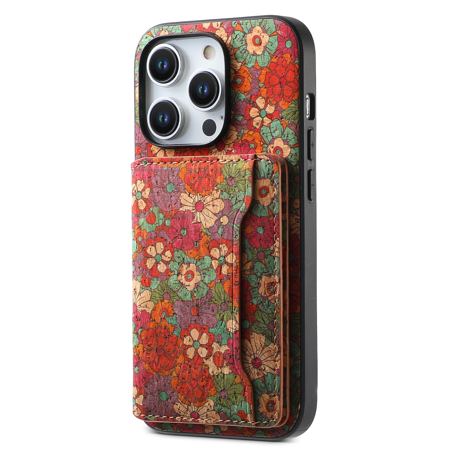 For iPhone 15 Pro Kickstand Case Card Holder PU+TPU+PC Phone Cover with Floral Pattern