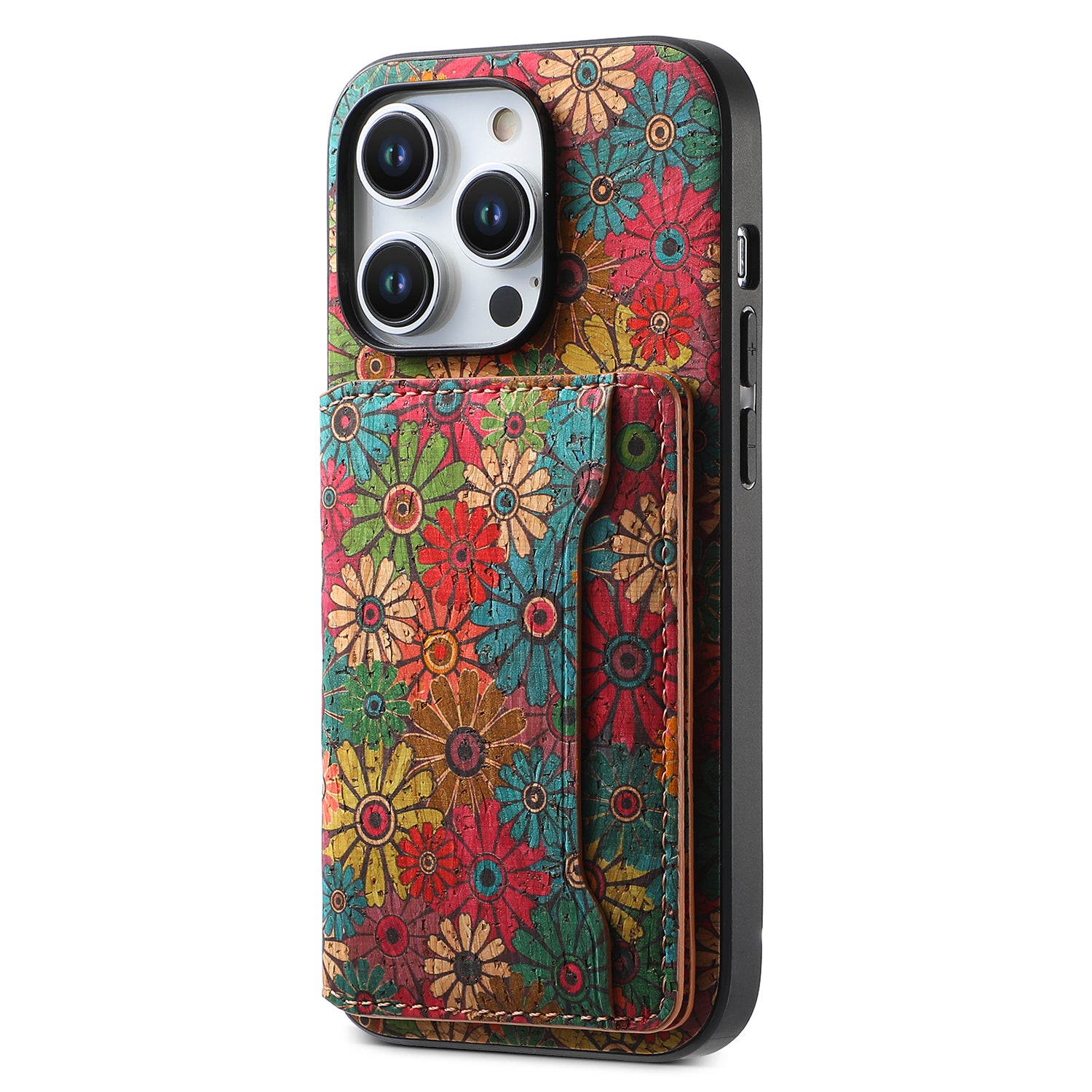For iPhone 15 Pro Kickstand Case Card Holder PU+TPU+PC Phone Cover with Floral Pattern