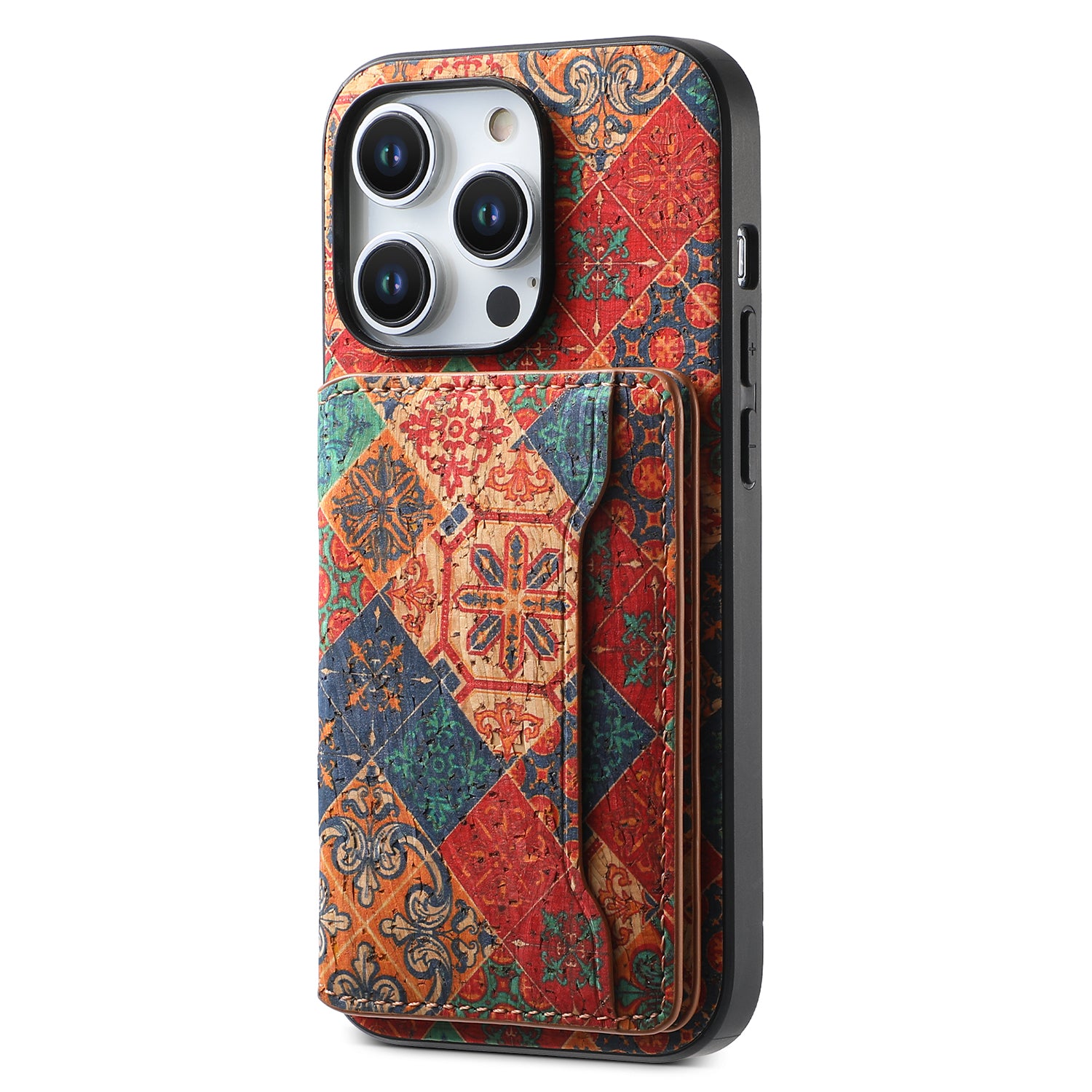 For iPhone 15 Pro Kickstand Case Card Holder PU+TPU+PC Phone Cover with Floral Pattern