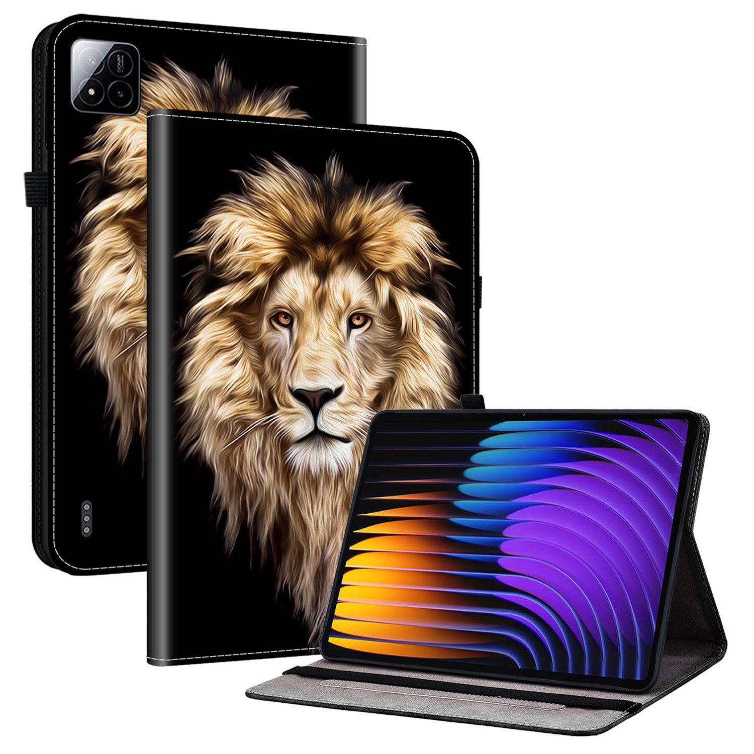 For Xiaomi Pad 7 Pro / Pad 7 Leather Case Pattern Printed Stand Tablet Cover with Card Slots Lion Head