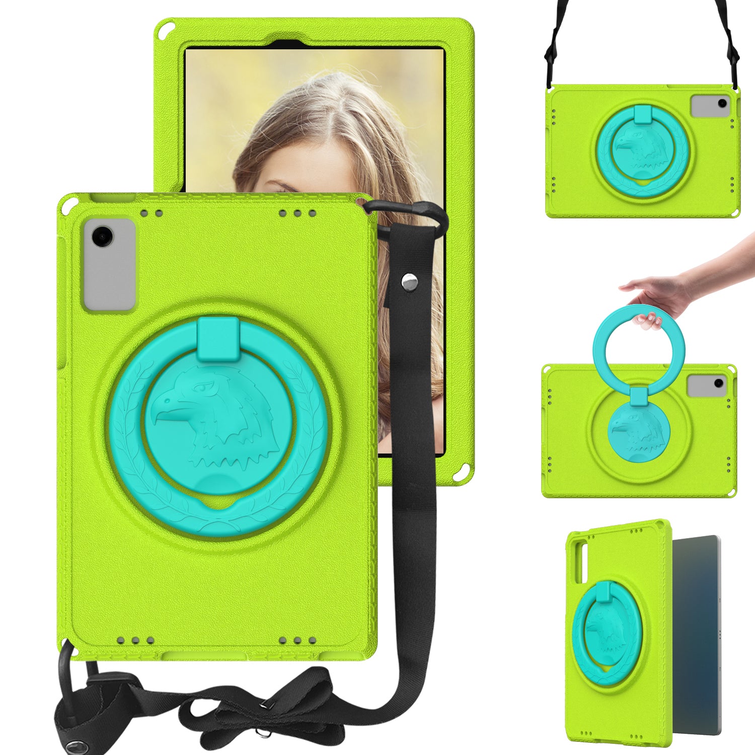 For Samsung Galaxy Tab A9+ Eagle Pattern Case Rotating Grip Handle Kickstand Cover with Shoulder Strap