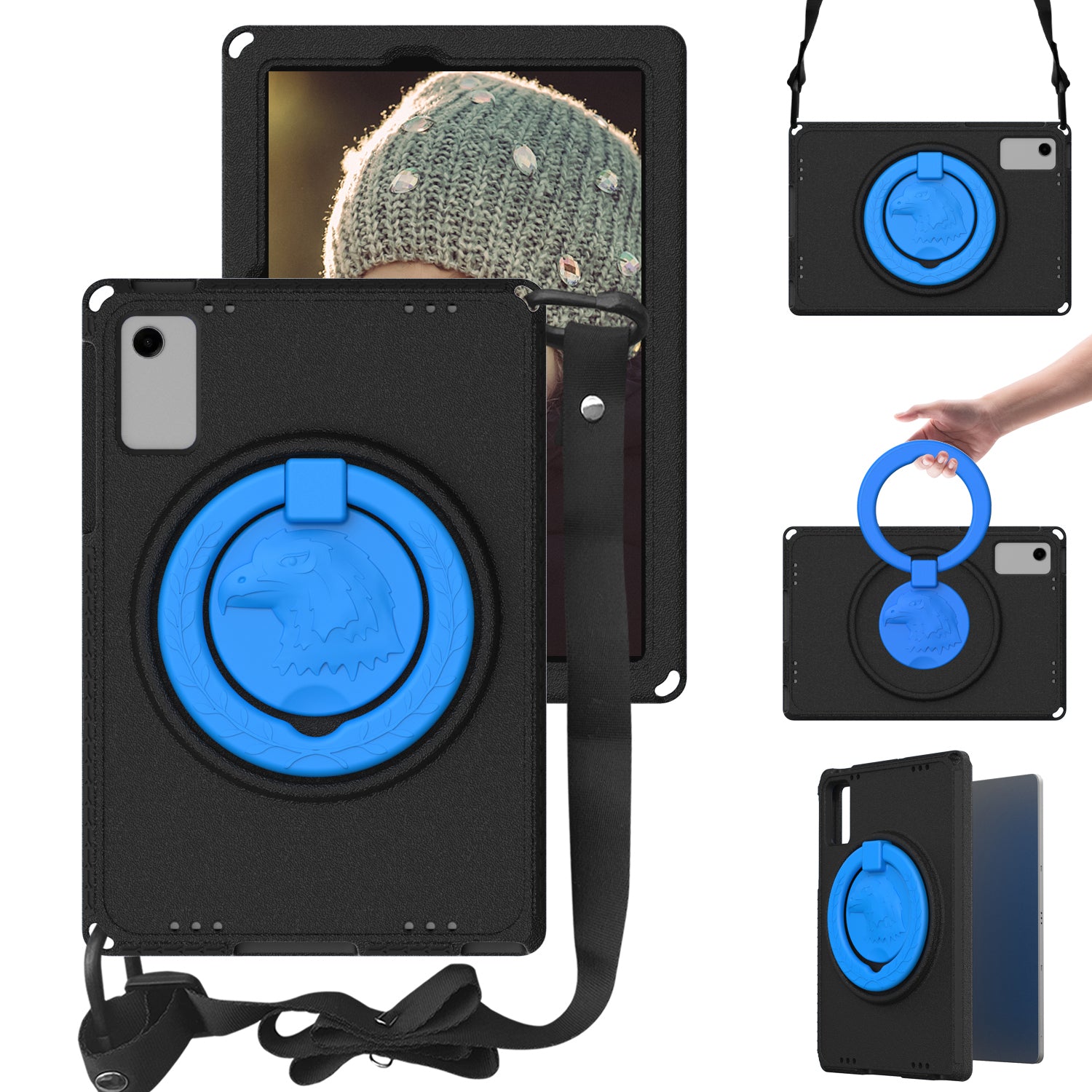 For Samsung Galaxy Tab A9+ Eagle Pattern Case Rotating Grip Handle Kickstand Cover with Shoulder Strap