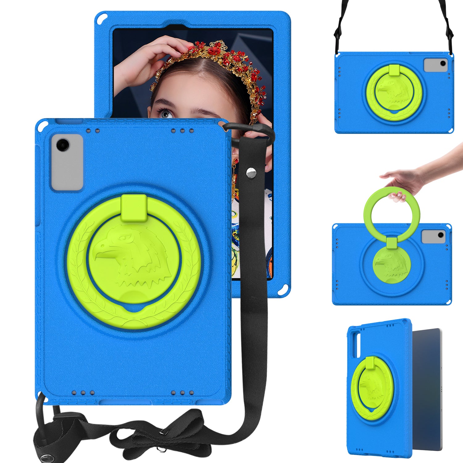 For Samsung Galaxy Tab A9+ Eagle Pattern Case Rotating Grip Handle Kickstand Cover with Shoulder Strap