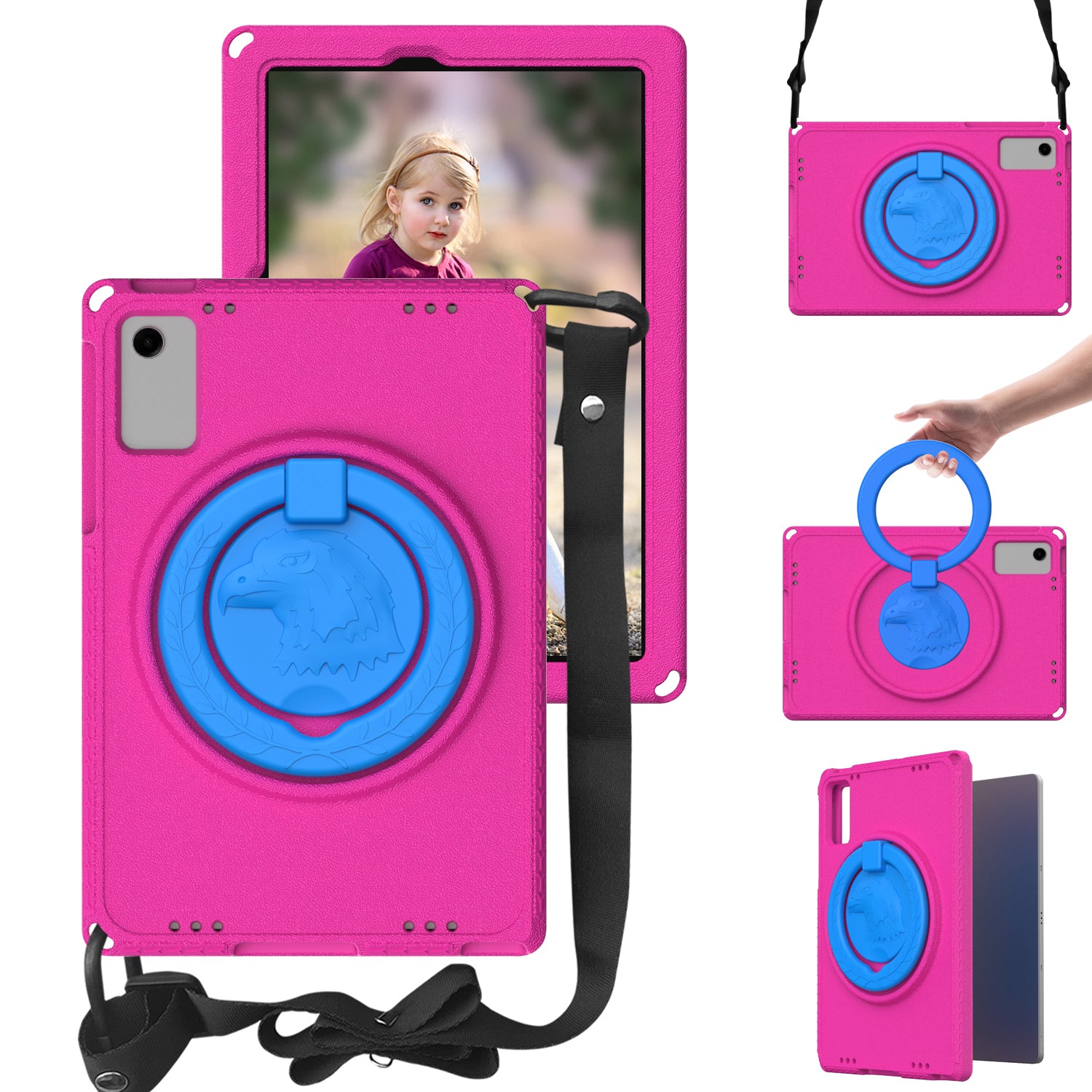 For Samsung Galaxy Tab A9+ Eagle Pattern Case Rotating Grip Handle Kickstand Cover with Shoulder Strap