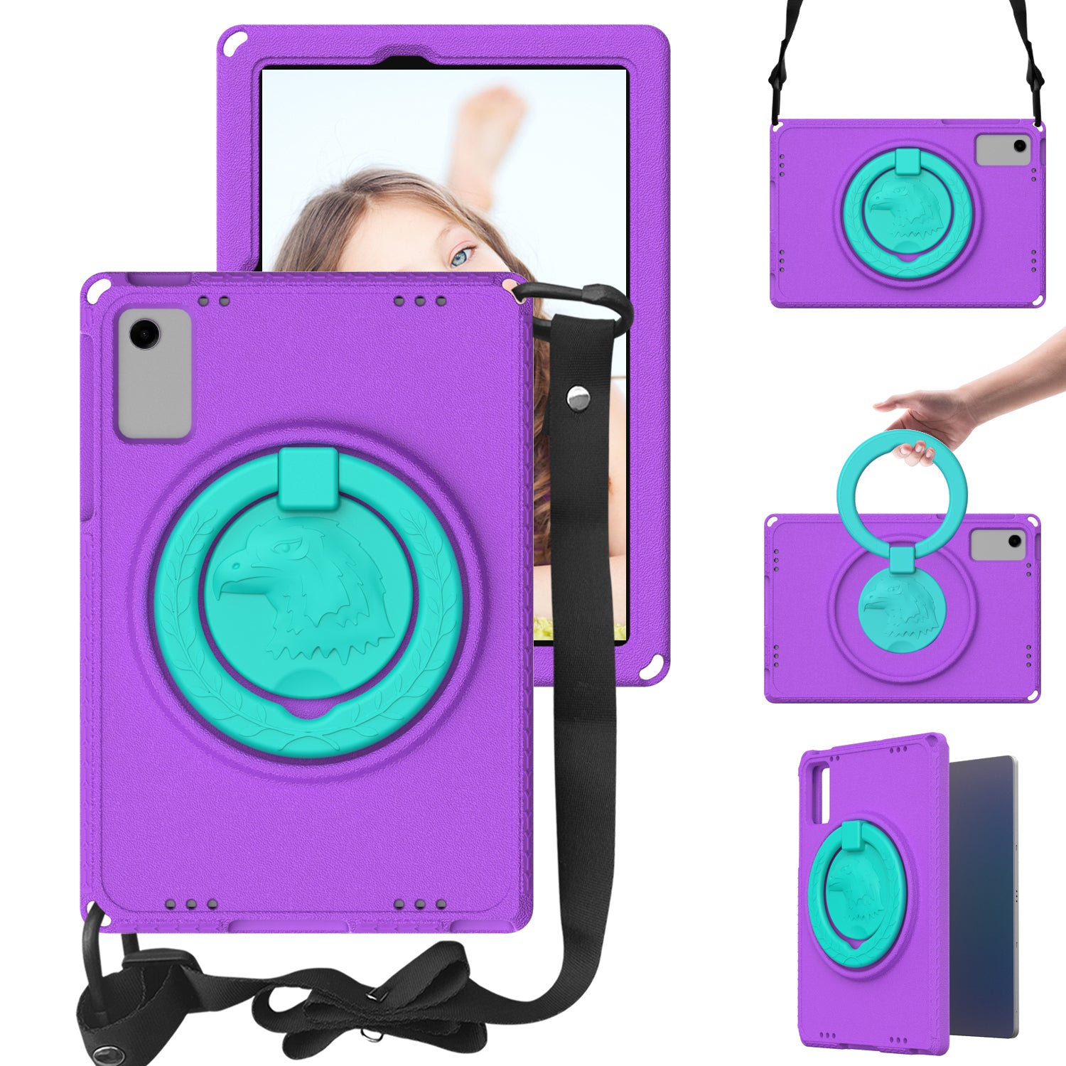 For Samsung Galaxy Tab A9+ Eagle Pattern Case Rotating Grip Handle Kickstand Cover with Shoulder Strap
