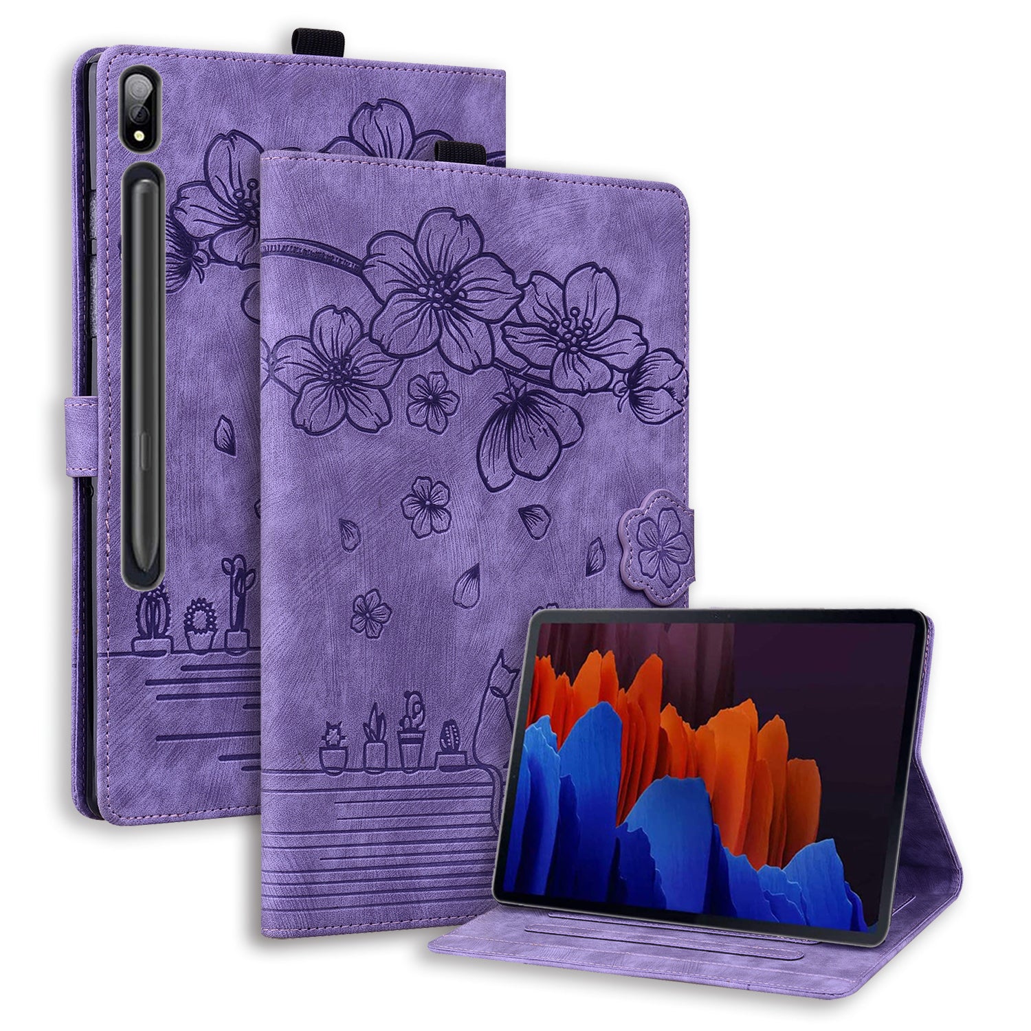 For Samsung Galaxy Tab S9 FE+ Leather Tablet Case Flower Cat Pattern Card Slots Cover