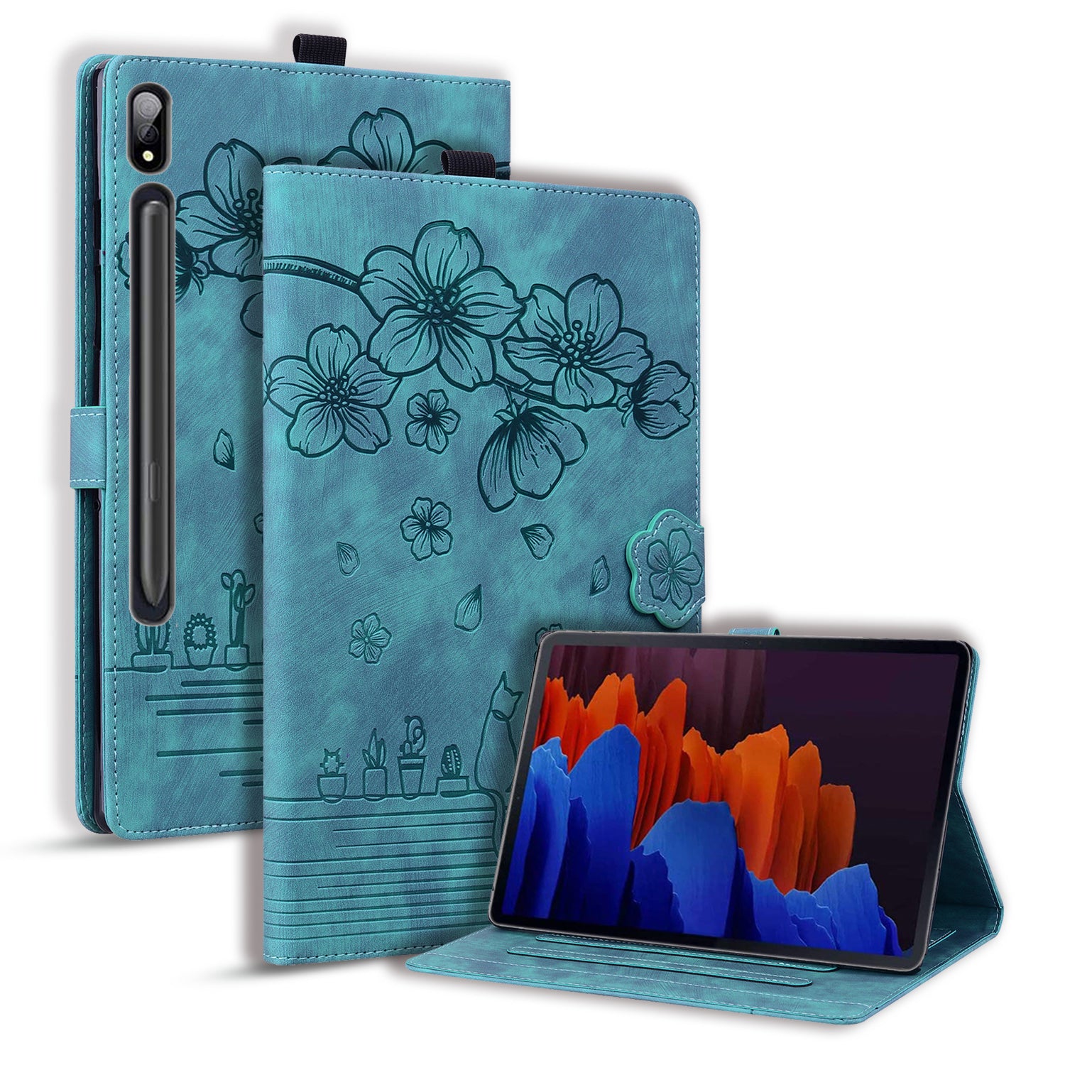 For Samsung Galaxy Tab S9 FE+ Leather Tablet Case Flower Cat Pattern Card Slots Cover