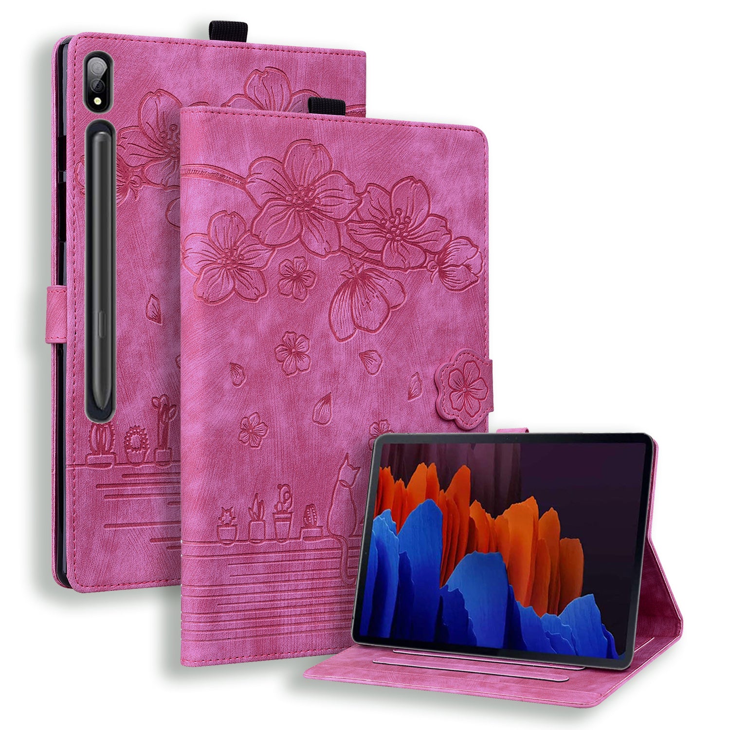 For Samsung Galaxy Tab S9 FE+ Leather Tablet Case Flower Cat Pattern Card Slots Cover