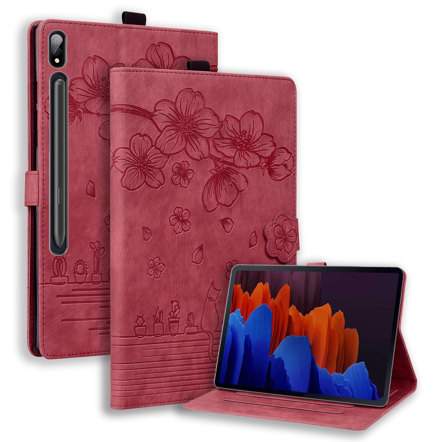 For Samsung Galaxy Tab S9 FE+ Leather Tablet Case Flower Cat Pattern Card Slots Cover