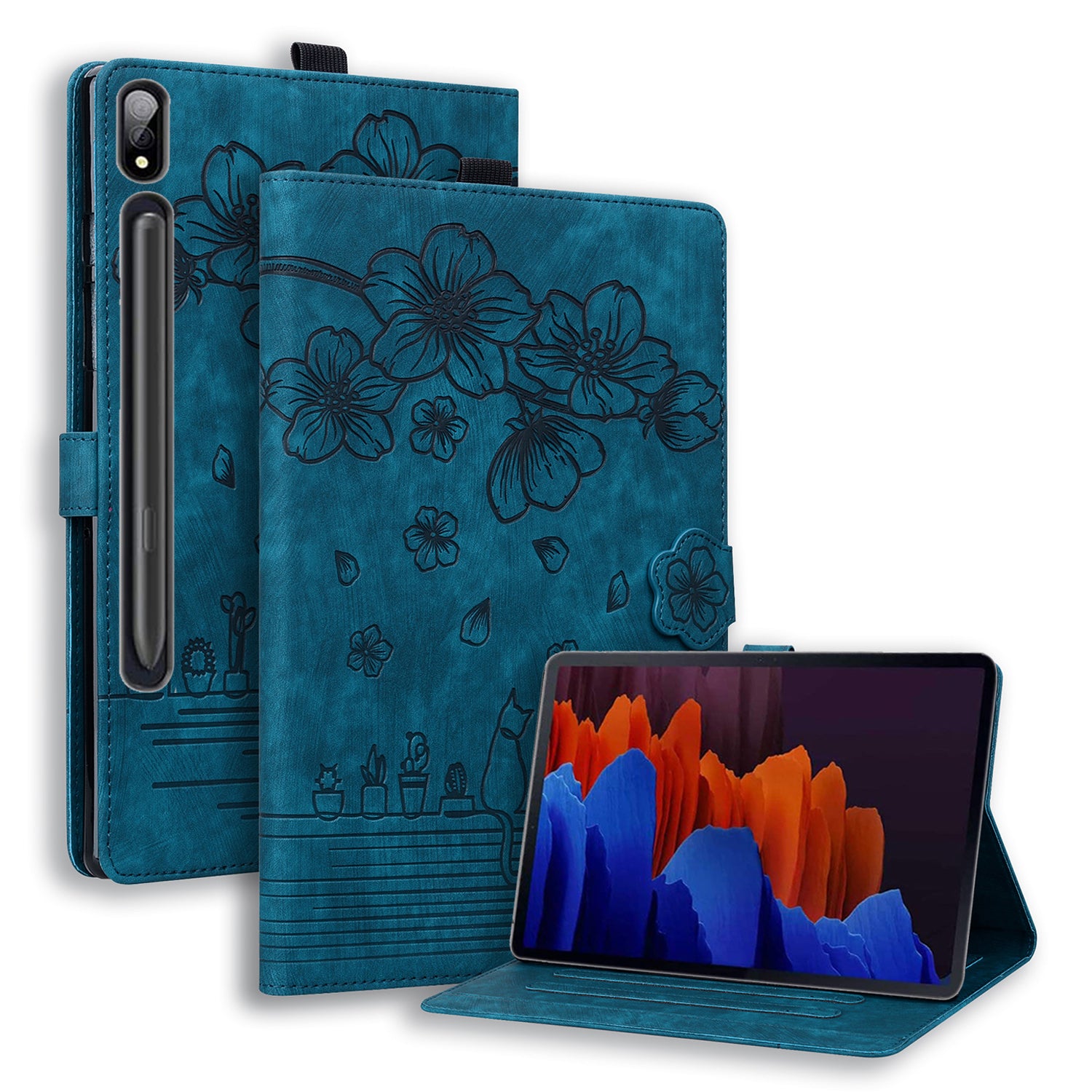 For Samsung Galaxy Tab S9 FE+ Leather Tablet Case Flower Cat Pattern Card Slots Cover