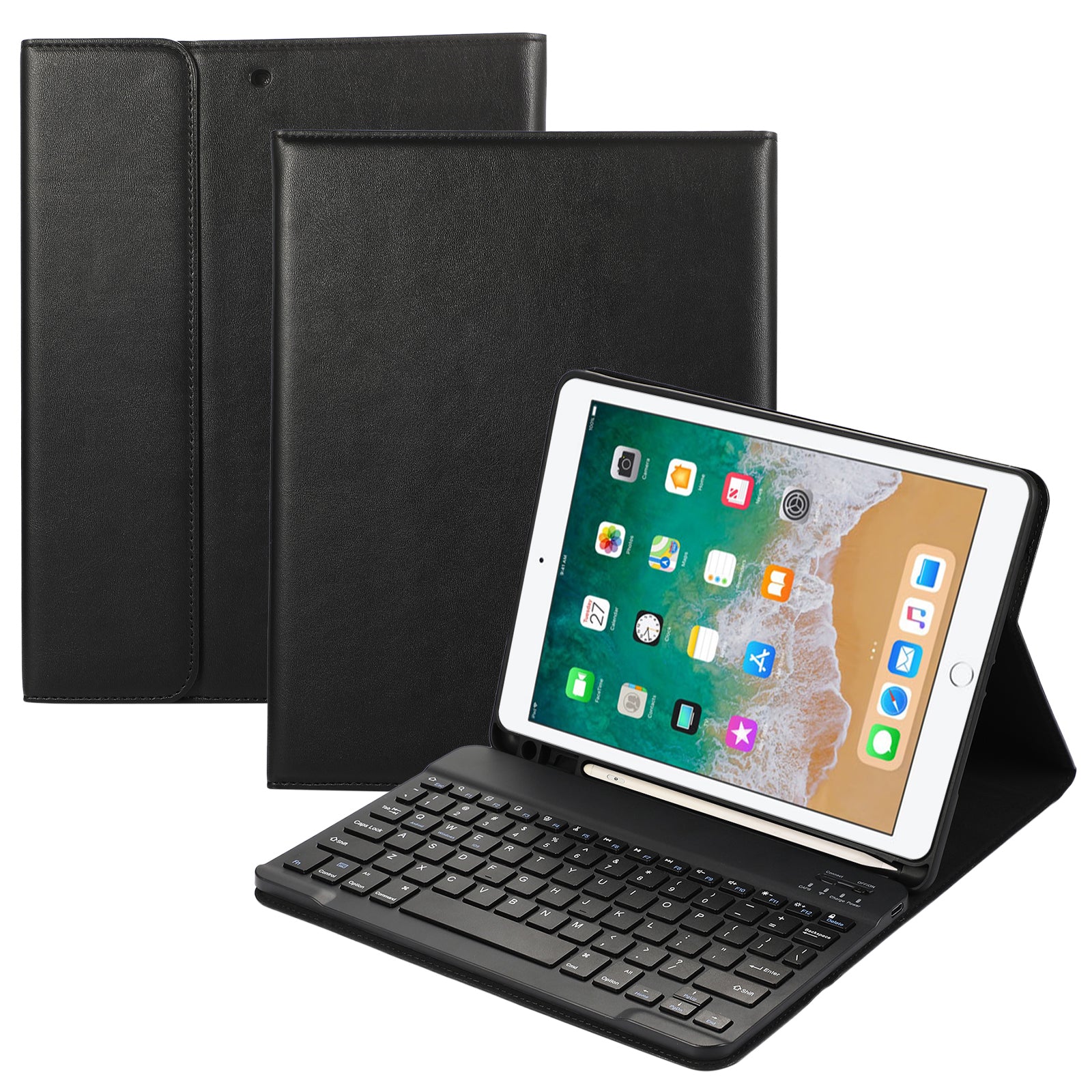 For iPad Air (2013) / Air 2 / 9.7-inch (2017) / (2018) Bluetooth Keyboard Leather Case Stand with Pen Slot