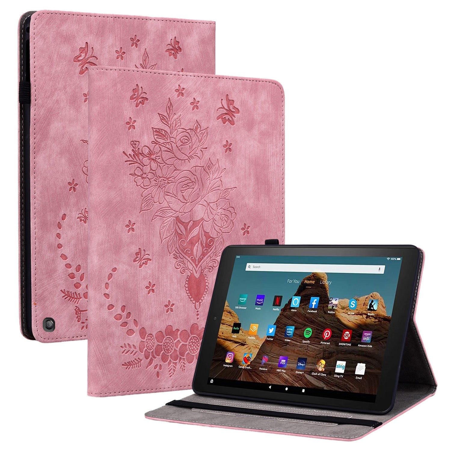 For Amazon Fire HD 10 (2023) Tablet Case Card Holder Butterfly Rose Imprinted PU Leather Cover
