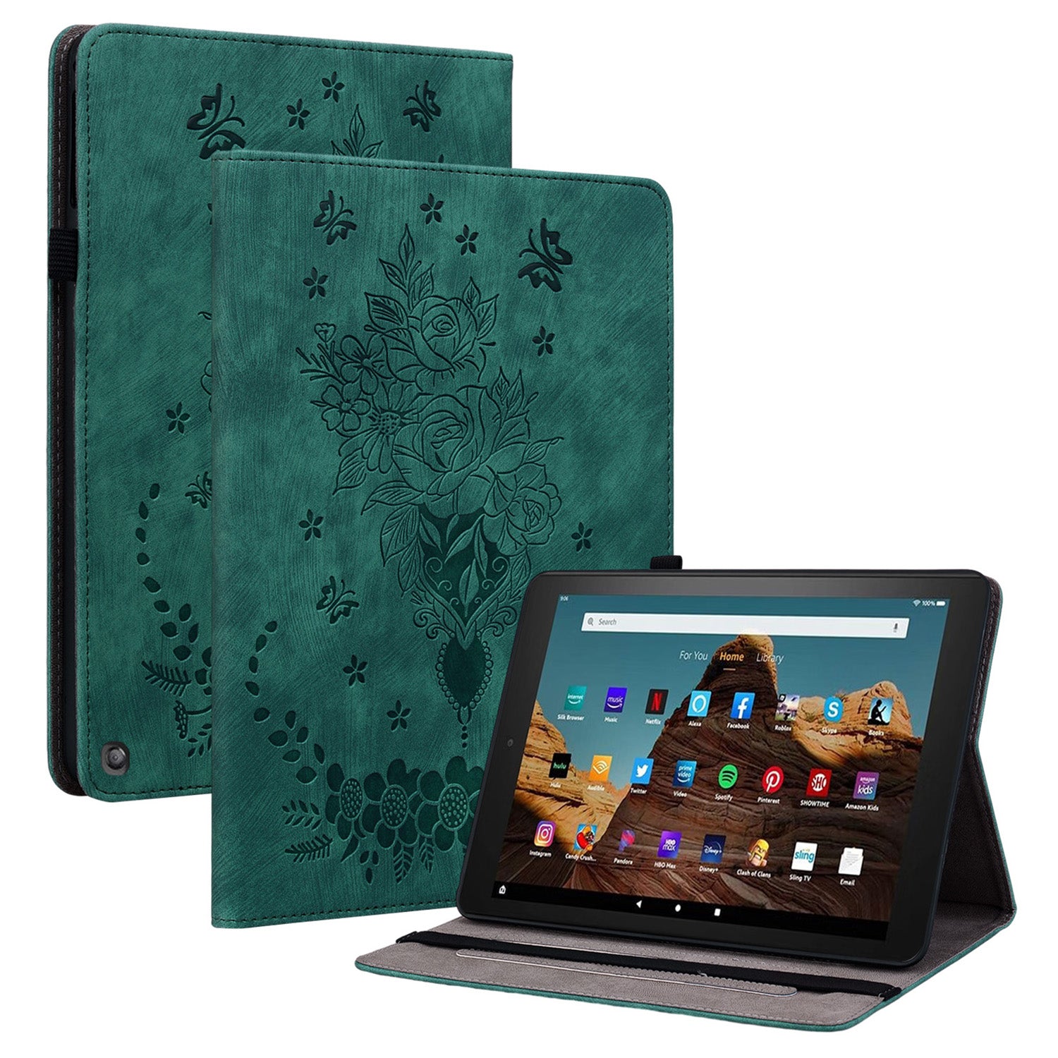 For Amazon Fire HD 10 (2023) Tablet Case Card Holder Butterfly Rose Imprinted PU Leather Cover