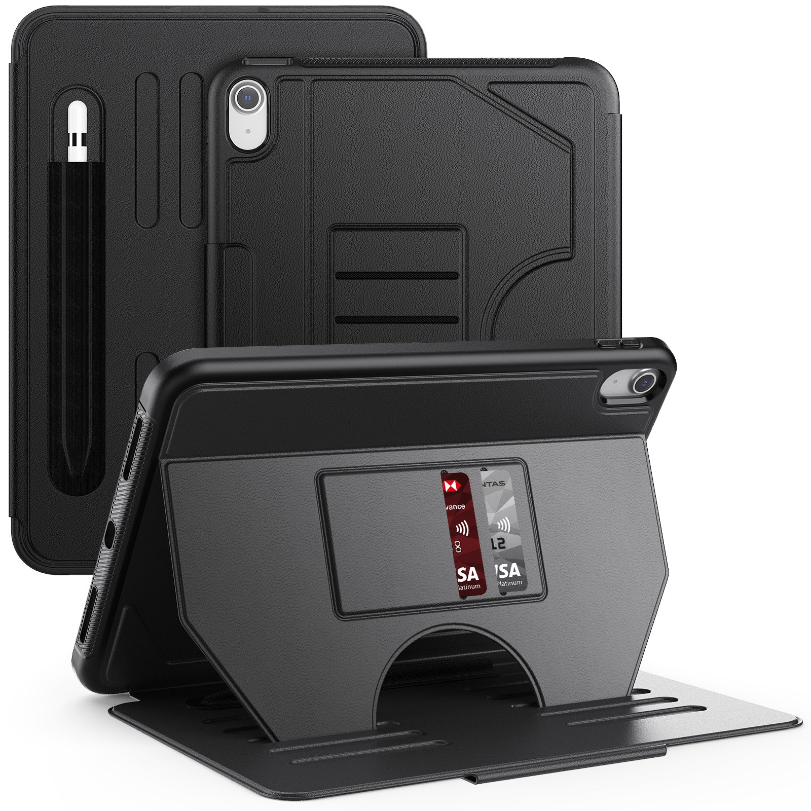 For iPad 10.9 (2022) A2696 Case with Card Holder, 5-Level Adjustable Stand Pen Slot Tablet Flip Cover
