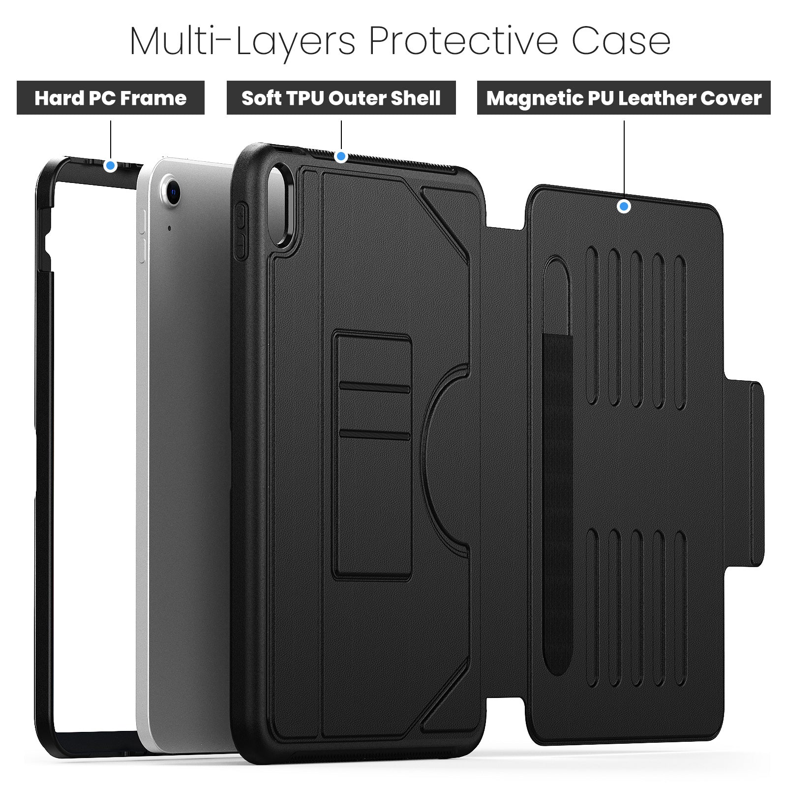 For iPad 10.9 (2022) A2696 Case with Card Holder, 5-Level Adjustable Stand Pen Slot Tablet Flip Cover