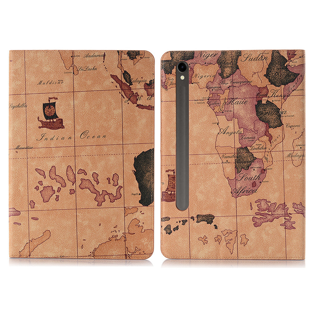 For Samsung Galaxy Tab S9 Wallet Case Map Pattern PU Leather Protective Tablet Cover