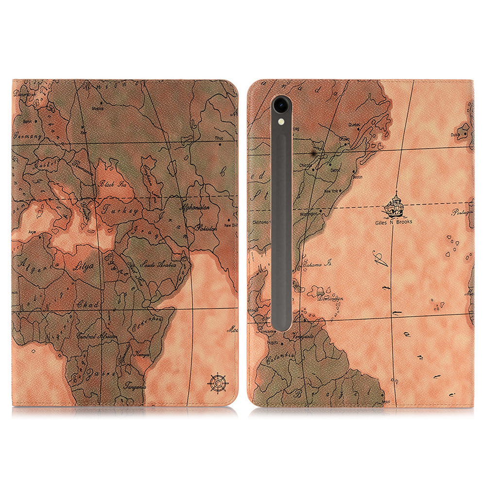 For Samsung Galaxy Tab S9 Wallet Case Map Pattern PU Leather Protective Tablet Cover