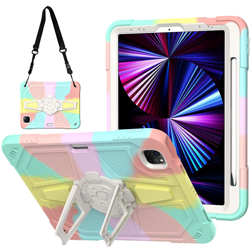 For iPad Air (2020) / (2022) / iPad Pro 11 (2020) / (2021) / (2022) Case PC+Silicone Kickstand Cover with Shoulder Strap