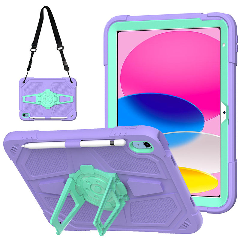 For iPad 10.9 (2022) Kickstand Case PC+Silicone Anti-drop Tablet Cover with Shoulder Strap
