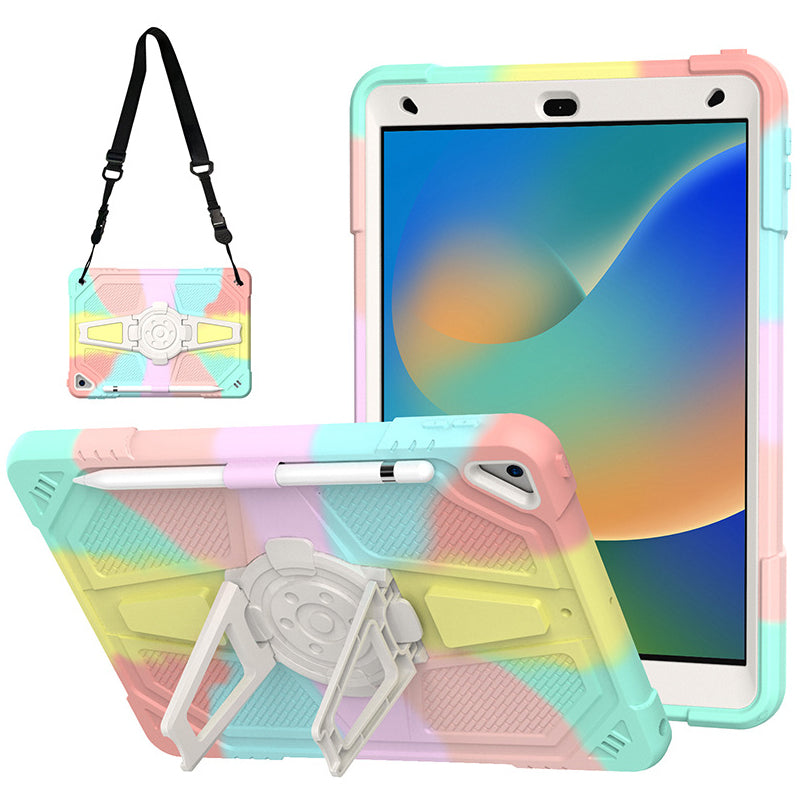 For iPad 10.2 (2021) / (2020) / (2019) Tablet Case with Shoulder Strap Kickstand PC+Silicone Cover