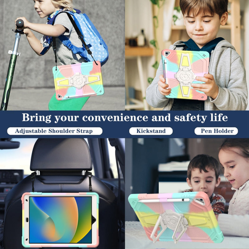 For iPad 10.2 (2021) / (2020) / (2019) Tablet Case with Shoulder Strap Kickstand PC+Silicone Cover