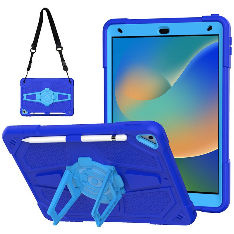 For iPad 10.2 (2021) / (2020) / (2019) Tablet Case with Shoulder Strap Kickstand PC+Silicone Cover