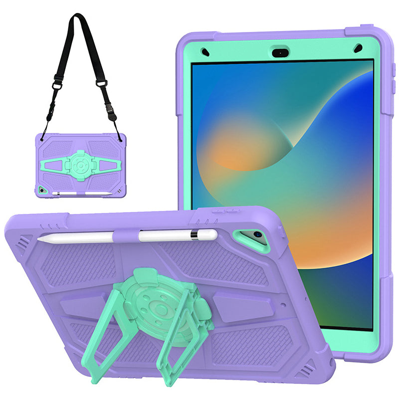 For iPad 10.2 (2021) / (2020) / (2019) Tablet Case with Shoulder Strap Kickstand PC+Silicone Cover