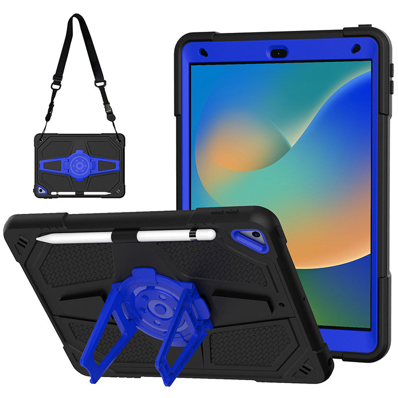 For iPad 10.2 (2021) / (2020) / (2019) Tablet Case with Shoulder Strap Kickstand PC+Silicone Cover