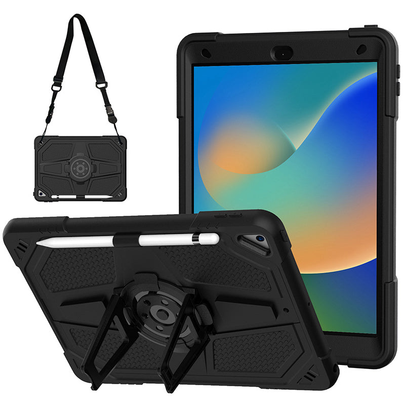 For iPad 10.2 (2021) / (2020) / (2019) Tablet Case with Shoulder Strap Kickstand PC+Silicone Cover