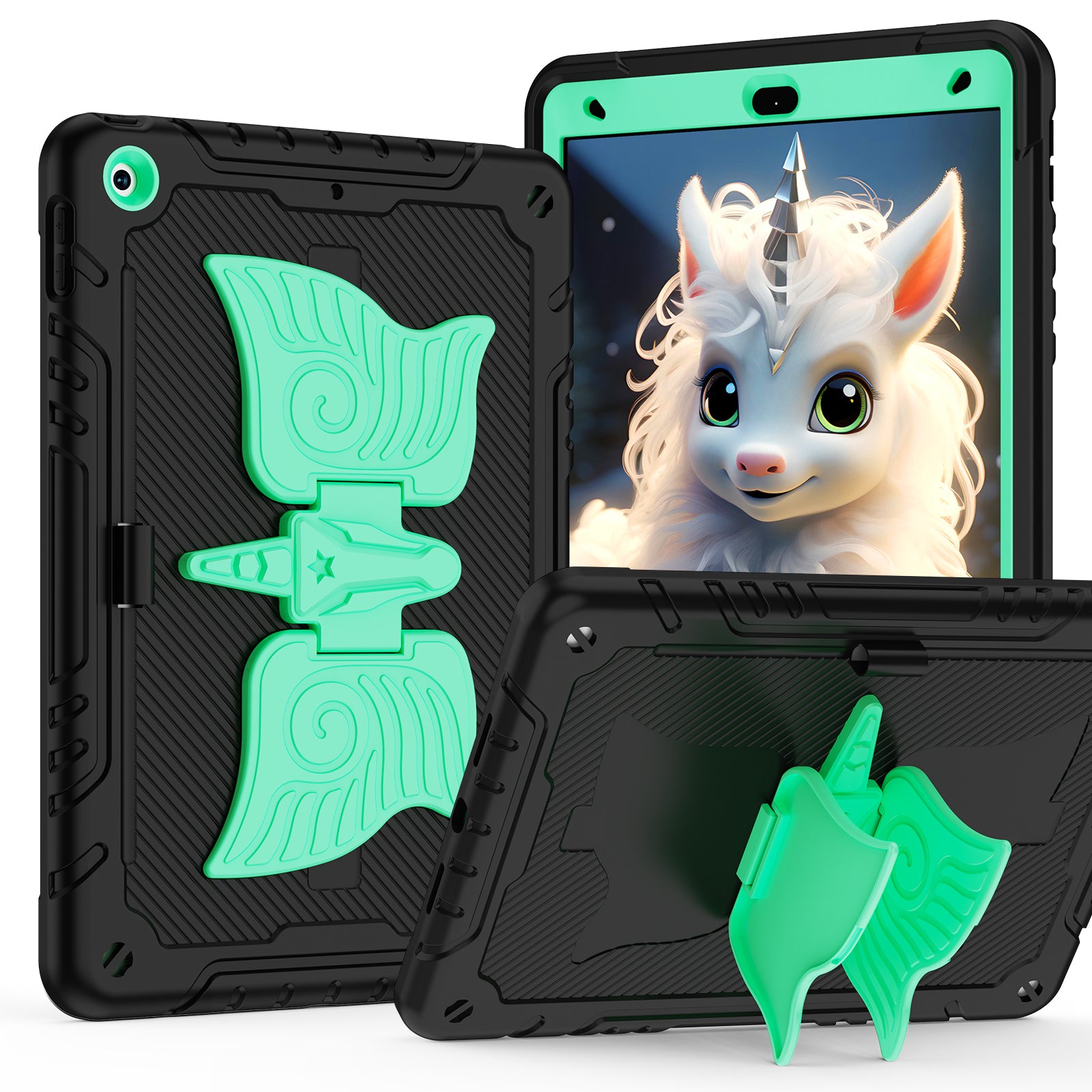 For iPad 10.2 (2021) / 10.2 (2019) / 10.2 (2020) Case Silicone+PC Unicorn Kickstand Tablet Cover with Shoulder Strap